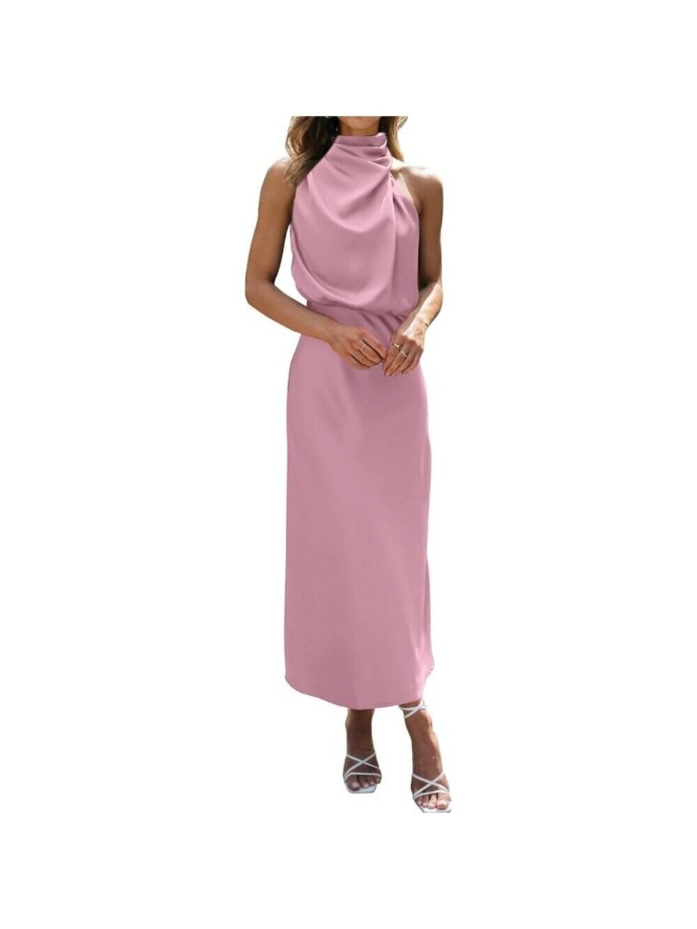Women's Dusty Pink Cocktail Dress for Satin Silk Sleeveless High Waist Maxi
